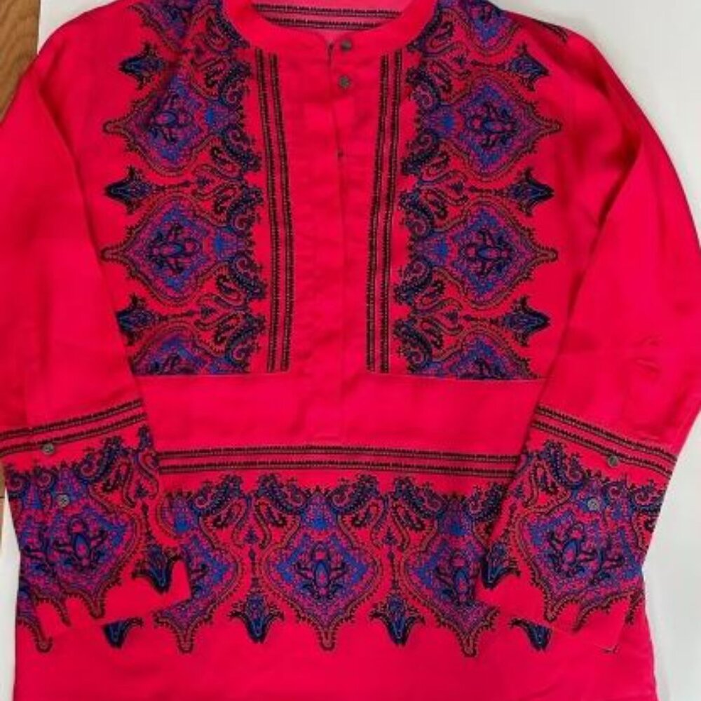 J CREW Paisley Tunic Henley Top Blouse Red/Blue